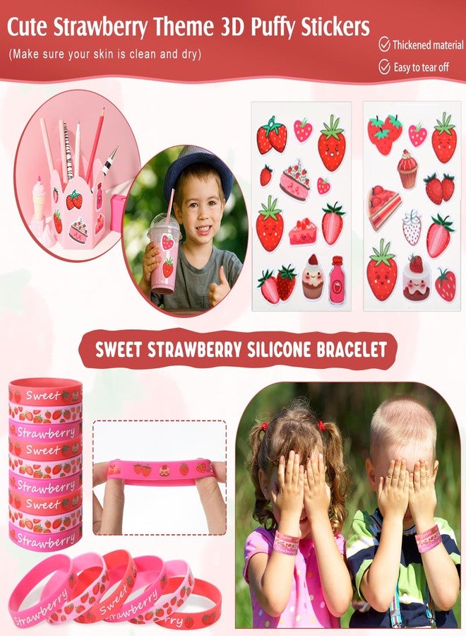 Landical 194 Pcs Cute Strawberry Party Favors Includes Pendant Keychain Silicone Ring Bracelet Stickers Bubble Sticker Party Tags Organza Bag Stampers for Baby Shower Birthday Party Class Reward - Image 3